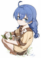 1girl absurdres ahoge barefoot blue_eyes blue_hair braid brown_robe chinese_commentary closed_mouth commentary_request crossed_bangs dated eating food food_on_face from_side full_body hair_between_eyes highres holding holding_food long_hair looking_at_viewer mushoku_tensei on_rock onigiri robe roxy_migurdia seaweed short_sleeves signature sitting solo twin_braids twintails white_background yisjhui