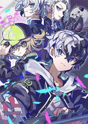 Rule 34 | 4boys, :d, baseball cap, black hair, black jacket, blonde hair, blue eyes, fjsk, green eyes, hashtag-only commentary, hat, highres, hood, hoodie, jacket, kamiya shun, kuronaka yo, looking to the side, male focus, multicolored hair, multiple boys, open mouth, shirokane haru, smile, smirk, tribe nine, two-tone hair, white hair, white hoodie, zero (plush) (tribe nine), zero (tribe nine)