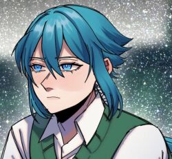1boy aqua_hair black_long_sleeve_shirt black_slacks blue_eyes gloves green_sweater-vest hyugo_sugimoto_(the_kid_at_the_back) long_rat_tail looking_at_viewer middle_strand optional_gloves oval_face shaggy_hair short_hair side_bangs smile solo the_kid_at_the_back thin_lips university_uniform white_button_up yandere_visual_novel