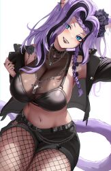 1girl animal_ears black_hair black_lips black_shorts blue_eyes braid breasts cat_ears cat_tail collar cross cross_necklace diamond-shaped_pupils diamond_(shape) eyes_visible_through_hair fishnet_pantyhose fishnets flower hair_flower hair_ornament highres indie_virtual_youtuber jacket jewelry large_breasts long_hair looking_at_viewer midriff multicolored_hair navel necklace open_clothes open_jacket open_mouth pantyhose purple_hair rogue_liliana second-party_source shorts shoulder_tattoo skull_necklace solo spiked_collar spikes stone_(ksorede) streaked_hair symbol-shaped_pupils tail tattoo virtual_youtuber white_background