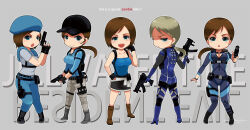 beret blonde_hair blue_eyes blue_hat blue_pants blue_tube_top blue_wetsuit bodysuit brown_hair character_name chibi diving_suit grey_background gun hat headset holding holding_gun holding_weapon jill_valentine low_ponytail miniskirt multiple_persona pants ponytail purple_bodysuit resident_evil sakura3914 simple_background skirt strapless tube_top weapon wetsuit