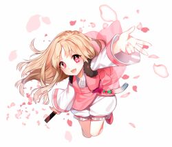 1girl bare_legs blonde_hair bright_pupils dot_nose eyelashes floating_clothes floating_hair frilled_shorts frills full_body fur-trimmed_sleeves fur_trim happy holding holding_sword holding_weapon japanese_clothes jumping kariginu kimono light_blush long_hair long_sleeves nishita open_mouth original outstretched_arm parted_bangs petals pink_eyes pink_pupils pink_shoes puffy_shorts shoes short_kimono shorts simple_background smile socks solo sword tareme weapon white_background white_kimono white_shorts white_socks