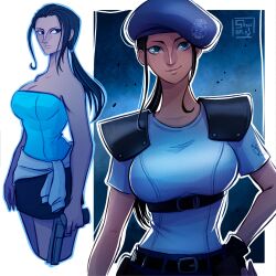 Rule 34 | 1girl, bare shoulders, belt, blue eyes, breasts, brown hair, clothes around waist, gun, hat, highres, jill valentine, large breasts, long hair, resident evil, short sleeves, shuravf, skirt, sleeveless, sweater, sweater around waist, weapon