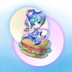 1girl absurdres aqua_eyes aqua_hair artist_name back_bow blue_background blue_boots blue_bow blue_brooch blue_neckerchief blue_pantyhose boots bow braid braided_hair_rings brooch burger buttons chibi closed_mouth collared_shirt cure_spicy delicious_party_precure dog dot_nose dress earrings expressionless eyelashes food footwear_bow frilled_dress frilled_skirt frills fuwa_kokone gloves gradient_background hair_bow hair_rings heart heart_brooch high_collar high_heel_boots high_heels highres inhan jewelry light_blush light_frown long_dress long_hair looking_at_viewer loose_hair_strand magical_girl miniskirt multicolored_hair neckerchief on_food pam-pam pantyhose pink_bow pink_hair pleated_skirt precure puffy_short_sleeves puffy_sleeves shirt short_sleeves side_ponytail single_hair_ring sitting skirt skirt_under_dress solo strapless strapless_dress streaked_hair swept_bangs undersized_animal very_long_hair watermark wavy_hair white_gloves white_shirt yellow_skirt