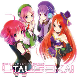 Rule 34 | 1boy, 3girls, ahoge, apron, arm tattoo, beret, black shirt, black skirt, black sleeves, black thighhighs, closed mouth, collar, collared shirt, copyright name, crop top, cropped shirt, crossed arms, detached sleeves, double-parted bangs, drill hair, english text, exit tunes, fingernails, frilled apron, frills, from behind, full body, green hair, green hat, green sleeves, grey shirt, hair between eyes, hand on own hip, hand up, hat, hat ribbon, headphones, headset, highres, index finger raised, kasane teto, kasane teto (utau), long hair, looking back, microphone, midriff, momone momo, multiple girls, nail polish, namine ritsu, neck ribbon, necktie, number tattoo, open mouth, orange hair, pantyhose, pleated skirt, purple hair, purple hat, purple necktie, purple shirt, purple skirt, red eyes, red hair, red nails, red ribbon, ribbon, second-party source, shirt, short hair, shy, single leg pantyhose, skirt, skirt set, sleeveless, sleeveless shirt, smile, tattoo, thighhighs, thighs, trap, twin drills, utane uta, utau, very long hair, white apron, white background, wing collar, yellow ribbon, yokoyari mengo, zettai ryouiki