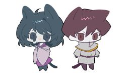Rule 34 | 1boy, 1girl, ahoge, ak (5qube7), animal ears, belt, black belt, black gloves, black hair, black pants, brown eyes, brown hair, capelet, cat boy, cat ears, cat girl, cat tail, closed mouth, coat, colored skin, commentary request, crying, crying with eyes open, dress, gloves, gold trim, grey capelet, grey coat, grey jacket, hair between eyes, high collar, highres, jabuchi you, jacket, kemonomimi mode, korean commentary, long sleeves, medium hair, open mouth, pants, purple dress, saibou shinkyoku, simple background, tail, tears, v-shaped eyebrows, white background, white skin, wide sleeves, yanagi nina