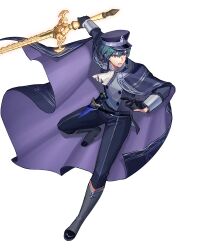 Rule 34 | 1boy, attack, black cape, black gloves, cape, dagger, fire emblem, fire emblem heroes, garreg mach monastery uniform, gloves, half gloves, hat, highres, holding, holding sword, holding weapon, knife, male byleth (anchor of hope) (fire emblem), male byleth (fire emblem), nintendo, non-web source, official alternate costume, official art, parted lips, peaked cap, solo, sword, sword of the creator, v-shaped eyebrows, weapon