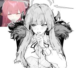 Rule 34 | 1girl, absurdres, anime screenshot inset, aru (blue archive), averting eyes, blue archive, blush, coat, commentary request, demon horns, dress shirt, fur-trimmed coat, fur trim, gloves, greyscale, halo, hand to own mouth, highres, horns, inset, monochrome, neck ribbon, parted lips, pink hair, reference inset, ribbon, shirt, sideways glance, simple background, sketch, upper body, white background, xiegitoai