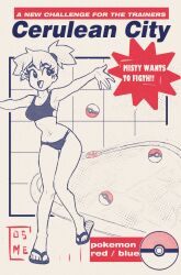 1girl :d asymmetrical_hair bikini black_bikini blush breasts english_text eyelashes feet female_focus flip-flops gen_1_pokemon gym_leader highres holding holding_poke_ball large_breasts legs looking_to_the_side misty_(pokemon) navel nintendo open_mouth outstretched_arms poke_ball poke_ball_(basic) pokemon pokemon_(anime) pokemon_(classic_anime) pokemon_rgby ponytail rthunderatk sandals shoes short_hair shorts side_ponytail smile solo sports_bikini sportswear standing swimsuit thighs tiles underwear