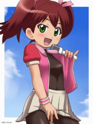 1girl awa bodysuit brown_hair female_focus green_eyes latex latex_bodysuit latex_legwear loli outdoors saru_getchu sayaka_(saru_getchu) skin_tight solo twintails