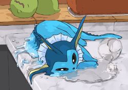 3others acid_armor_(pokemon) animal_nose aomon_(yuuji7604) aqua_fur back-to-back black_eyes creatures_(company) fins fish_tail game_freak gen_1_pokemon glass head_fins highres ice ice_cube melting multiple_others nintendo no_humans pokemon sleeping smoliv spill tail vaporeon water_on_glass wavy_mouth