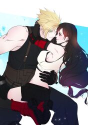 1boy 1girl arms_around_neck baggy_pants bare_shoulders black_gloves black_hair black_skirt black_thighhighs blonde_hair blue_eyes boots breast_press breasts closed_mouth cloud_strife commentary_request couple crop_top earrings elbow_gloves eye_contact feet_out_of_frame feet_up final_fantasy final_fantasy_vii final_fantasy_vii_remake gloves hand_on_another&#039;s_back highres jewelry large_breasts long_hair looking_at_another low-tied_long_hair midriff miniskirt navel pants red_boots red_eyes s_sohwagi_s short_hair single_arm_guard single_earring skirt sleeveless sleeveless_turtleneck spiked_hair suspenders sweater tank_top thighhighs tifa_lockhart turtleneck turtleneck_sweater white_tank_top