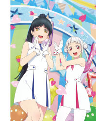2girls arashi_chisato artbook black_hair confetti double_bun dress gloves hair_bun hazuki_ren high_ponytail highres long_hair looking_at_viewer love_live! love_live!_superstar!! multiple_girls non-web_source official_art ponytail red_eyes smile twintails white_gloves white_hair wish_song_(love_live!) yellow_eyes