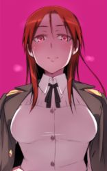 1girl black_ribbon blush breasts dress_shirt em_(totsuzen_no_hakike) female_focus grin hair_between_eyes large_breasts long_hair looking_at_viewer military military_uniform minna-dietlinde_wilcke pink_eyes purple_background red_hair ribbon shirt simple_background smile solo spade strike_witches symbol-shaped_pupils undressing white_shirt world_witches_series