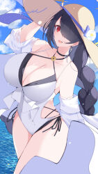 Rule 34 | absurdres, bikini, black bikini, blue archive, braid, braided ponytail, breasts, casual one-piece swimsuit, criss-cross halter, cross, cross earrings, double bikini, earrings, flower, hair over one eye, halo, halterneck, hat, hat flower, highres, hinata (blue archive), hinata (swimsuit) (blue archive), jam (jamjam777), jewelry, layered swimsuit, mk iii jam, official alternate costume, one-piece swimsuit, one eye covered, straw hat, sun hat, swimsuit, white one-piece swimsuit, yellow halo, yellow hat