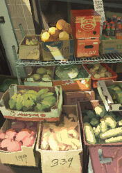 Rule 34 | banana, bottle, box, cardboard box, cucumber, door, food, fruiitlins, fruit, gourd, market stall, melon, no humans, original, outdoors, pear, scenery, stack, sunlight, tile wall, tiles, watermelon