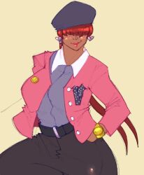 Rule 34 | 1girl, 1shermieaday, breasts, buttons, curvy, dark-skinned female, dark skin, earrings, female focus, formal clothes, gold, hat, heart, huge breasts, jacket, jewelry, large breasts, lipstick, long hair, long sleeves, makeup, ponytail, red hair, shermie (kof), shirt, smile, suit, suit jacket, tan, the king of fighters, thick thighs, thighs, twintails, wide hips