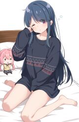 1girl :d bare_legs bed bed_sheet black_sweater blue_hair blush blush_stickers cardigan character_doll collarbone commentary_request doll feet highres kagamihara_nadeshiko long_hair long_sleeves looking_at_viewer nekosination on_bed one_eye_closed open_mouth pillow pink_hair purple_eyes rubbing_eyes school_uniform shima_rin sidelocks smile squeans stuffed_animal stuffed_toy sweater thighs toes twitter_username waking_up yellow_cardigan yurucamp