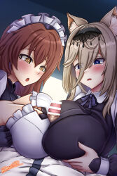 1boy 2girls :o animal_ear_fluff animal_ears aponia_(honkai_impact) apron artist_name bar_censor black_dress blue_eyes blush breasts brown_hair cat_ears censored cleavage commentary commentary_request cooperative_paizuri dress eden_(honkai_impact) english_commentary highres honkai_(series) honkai_impact_3rd large_breasts looking_at_penis maid maid_apron mixed-language_commentary multiple_girls paizuri paizuri_under_clothes parted_lips penis penis_awe teamwork_(sexual) yellow_eyes zero130