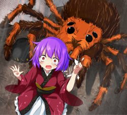 Rule 34 | 1girl, against glass, blush, bowl, bug, commentary request, crying, crying with eyes open, hand on glass, highres, japanese clothes, kimono, long sleeves, mini person, minigirl, obi, open mouth, purple hair, red eyes, red kimono, ryona, sash, scared, solo, spider, sukuna shinmyoumaru, sweat, tarantula, tears, textless version, touhou, trembling, tsuukinkaisoku oomiya, wide sleeves