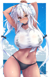 1girl arms_behind_head bikini bikini_under_clothes black_bikini black_bow black_nails bow breasts brown_eyes cloud dark-skinned_female dark_skin eyewear_on_head glasses hair_bow highres huge_breasts kantai_collection long_hair mashiro_yukiya musashi_(kancolle) navel ocean shirt sky solo stomach swimsuit thighs wet wet_clothes wet_shirt white_shirt