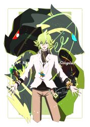 1boy absurdres archeops bangle border bracelet carracosta cccacademia character_name collared_shirt gen_5_pokemon green_background green_hair highres jewelry klink legendary_pokemon long_hair looking_at_viewer male_focus mixed-language_commentary n_(pokemon) necklace nintendo open_mouth pants pokemon pokemon_(creature) pokemon_bw reshiram shirt signature smile undershirt white_border white_shirt wristband zekrom zoroark