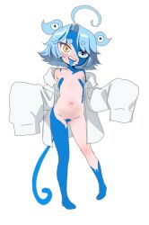 Rule 34 | 1girl, ahoge, bare shoulders, blue eyes, groin, heterochromia, highres, indie virtual youtuber, long sleeves, luckycharm(mittydotx), mittydotx(vtuber), navel, nazar (amulet), nude, oversized clothes, oversized shirt, red pupils, sahelanthropus (latinxedgelord), shirt, short hair, simple background, slime (creature), symbol-shaped pupils, white background, white shirt, x-shaped pupils, yellow eyes