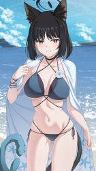 1girl animal_ear_fluff animal_ears bikini black_eyes black_hair blue_archive blue_bikini blush breasts cat_girl cat_tail cleavage haori highres japanese_clothes kikyou_(blue_archive) kikyou_(swimsuit)_(blue_archive) large_breasts looking_at_viewer multiple_tails mzrz navel ocean short_hair smile solo stomach swimsuit tail two_tails white_haori