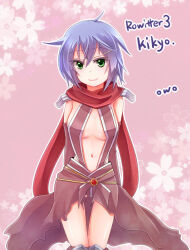 1girl armor assassin_cross_(ragnarok_online) blue_hair blush breasts brown_cape brown_leotard cape closed_mouth commentary_request cowboy_shot green_eyes hair_between_eyes leotard looking_at_viewer medium_breasts pauldrons pink_background ragnarok_online red_scarf revealing_clothes scarf short_hair shoulder_armor smile solo waist_cape yamai._(alpinum)