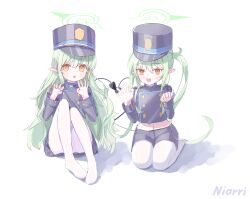 2girls :d absurdres artist_name black_hat black_jacket black_shorts black_skirt black_tail blue_archive buttons chinese_commentary commentary demon_tail double-breasted expressionless full_body green_hair green_halo halo hat heart_tail_duo highres hikari_(blue_archive) jacket knees_to_chest long_hair long_sleeves midriff miniskirt multiple_girls niarri no_shoes nozomi_(blue_archive) open_mouth orange_eyes pantyhose peaked_cap pleated_skirt pointy_ears seiza shadow short_shorts shorts siblings side-by-side simple_background sisters sitting skirt skirt_set smile tail tail_raised train_conductor twins twintails white_background white_pantyhose