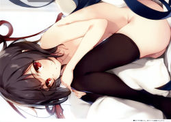 1girl absurdres asymmetrical_wings black_hair female_focus female_masturbation fetal_position from_side highres houjuu_nue huge_filesize indoors ke-ta legs_together looking_at_viewer masturbation nude pillow_humping pussy_juice pussy_juice_trail red_eyes scan short_hair sitting solo touhou translation_request wings