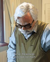 Rule 34 | 1boy, beard, black-framed eyewear, blue shirt, brown sweater vest, cigarette, commentary, curtains, english commentary, english text, facial hair, glasses, highres, indoors, long sleeves, male focus, miyazaki hayao (person), mouth hold, old, old man, real life, sam yang, shirt, short hair, solo, standing, sweater vest, white hair