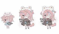1girl black_shoes blue_bow blue_shirt blush_stickers bow brown_cardigan brown_eyes cardigan cat_tail chibi chibi_only chinese_commentary commentary_request commission crossed_bangs eyepatch full_body hair_between_eyes hair_ornament hairclip highres jin_fang_jintian_gu_le_ma jitome long_hair mary_janes medium_hair open_cardigan open_clothes original pink_hair pleated_skirt shirt shoes skirt striped_bow tail tareme thighhighs two_side_up watermark white_bow white_skirt white_thighhighs