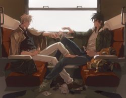 2boys akagi akagi:_yami_ni_oritatta_tensai akagi_shigeru bad_id bad_pixiv_id bag barefoot belt black_eyes black_hair boots card creator_connection crossover duffel_bag fukumoto_mahjong fur_trim itou_kaiji jacket jacket_on_shoulders kaiji light mullet multiple_boys open_mouth playing playing_card reaching scar serious shirt shoes silver_hair single_shoe sitting sleeves_rolled_up smile spiked_hair sweat sweatdrop train train_interior uri_(ut111)