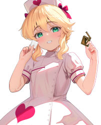 1girl bad_tag blonde_hair bow braid child commentary_request condom condom_wrapper dress green_eyes hair_between_eyes hands_up hat heart highres holding holding_condom idolmaster idolmaster_cinderella_girls looking_at_viewer nurse nurse_cap pettan_p puffy_short_sleeves puffy_sleeves red_bow sakurai_momoka short_sleeves sidelocks simple_background smile solo thick_eyebrows white_background white_dress white_hat