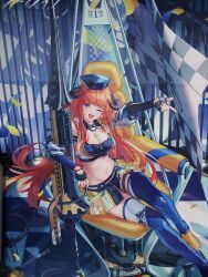 1girl ao_oni_(onioni-aoi) arknights arm_up bagpipe_(arknights) bagpipe_(queen_no._1)_(arknights) black_gloves breasts cleavage clothing_cutout commentary_request crop_top dragon_horns fingerless_gloves full_body gloves gunlance highres horns large_breasts long_hair looking_at_viewer midriff navel official_alternate_costume one_eye_closed open_mouth orange_hair purple_eyes race_queen see-through_clothes see-through_skirt shorts shoulder_cutout showgirl_skirt sitting skirt smile solo stomach thighhighs upper_body