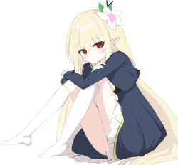 1girl blonde_hair character_request check_character check_copyright copyright_request dress frilled_dress frills garter_belt highres long_hair pointy_ears red_eyes simple_background socks solo user_yths2234 white_socks