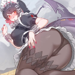 1girl absurdres ass black_dress black_hair black_panties black_pantyhose dress ellen_joe fins fish_tail highres maid maid_headdress merrytail multicolored_hair panties pantyhose pink_hair red_eyes shark_girl shark_tail short_hair solo tail tongue tongue_out two-tone_hair underwear zenless_zone_zero