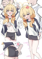 1boy 1girl ahoge anger_vein angry ass black_shorts blonde_hair blue_archive blush brown_eyes clothes_lift doodle_sensei_(blue_archive) grabbing_another&#039;s_ass groping hair_ribbon halo hetero highres jacket lifting_another&#039;s_clothes loli long_hair long_sleeves multiple_views open_clothes open_jacket open_mouth peppo-mk3 red_ribbon ribbon sensei_(blue_archive) shirt shirt_lift shorts speech_bubble spoken_anger_vein translation_request white_shirt yellow_halo yoshimi_(blue_archive)