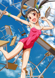 1girl :d absurdres bakemonogatari bandaid bandaid_on_knee bandaid_on_leg barefoot breasts brown_hair carinae cleft_of_venus cloud commentary_request covered_erect_nipples covered_navel day desk eyelashes fang floating_hair green_ribbon hachikuji_mayoi hair_ribbon hairband highres long_hair looking_at_viewer monogatari_(series) one-piece_swimsuit open_mouth outdoors outstretched_arm pink_one-piece_swimsuit pussy red_eyes ribbon school_swimsuit shiny_skin sky small_breasts smile solo swimsuit tongue twintails white_hairband