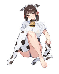 1girl absurdres animal_ear_hairband animal_ears animal_print bell bikini bikini_top_only black_collar blush borrowed_character bra_visible_through_clothes breast_pocket breasts brown_hair collar collared_shirt commentary cow_ear_hairband cow_ears cow_girl cow_horns cow_print cow_print_thighhighs cowbell denim denim_shorts dress_shirt earrings english_commentary fake_animal_ears fake_horns full_body futao_miruku_(riki) hair_ribbon hairband hand_on_floor head_tilt highres holding holding_unworn_clothes hoop_earrings horn_hairband horns invisible_floor jason_kim jewelry knees_together_feet_apart knees_up large_breasts long_hair mole mole_under_eye neck_bell original pink_eyes pocket print_thighhighs red_ribbon ribbon shirt shirt_tucked_in short_shorts short_sleeves shorts sidelocks simple_background single_bare_foot single_thighhigh sitting solo swimsuit thighhighs toes twintails unworn_thighhighs white_background white_hairband white_shirt