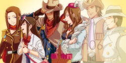 3boys 3girls ace_attorney angel_starr bag basket belt black_belt black_choker black_gloves black_hair black_shirt blue_coat blue_eyes blue_vest bow bowtie breast_pocket brown_belt brown_cape brown_coat brown_hair brown_headwear brown_vest bruce_goodman buttons cape choker coat collared_shirt cowboy_hat dark-skinned_male dark_skin earrings ema_skye epaulettes facial_hair fingerless_gloves food food_art forehead fur-trimmed_jacket fur_trim ghost gloves green_pants hat jacket jake_marshall jewelry kiora06 lana_skye lapels long_hair long_sleeves looking_at_another multiple_boys multiple_girls necktie neil_marshall onigiri open_clothes open_vest pants pendant_choker pink-tinted_eyewear pink_bag pocket poncho profile red_bow red_bowtie red_scarf scarf see-through_clothes shirt shoulder_bag sidelocks three-quarter_sleeves tako-san_wiener tinted_eyewear topknot twitter_username very_long_hair vest watch watermark wavy_hair white-framed_eyewear white_belt white_coat white_headwear white_jacket white_necktie white_shirt wristwatch yellow_background