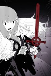 1girl 2boys adventure_time artist_name blood blood_on_face chainsaw_man collared_shirt cowboy_shot cross demon_blood_sword emphasis_lines finn_the_human graveyard hashtag-only_commentary highres holding holding_sword holding_weapon jake_the_dog latin_cross long_hair monochrome motion_lines multiple_boys necktie outdoors princess_bonnibel_bubblegum rivensner scene_reference shirt smile speed_lines spot_color surprised sword weapon white_shirt