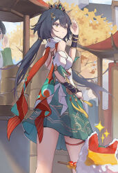 Rule 34 | 1girl, absurdres, arm up, backless outfit, bare shoulders, breasts, building, chinese clothes, commentary, criss-cross back-straps, detached sleeves, diting (honkai: star rail), feet out of frame, grey hair, hair between eyes, hair ornament, hairclip, headpiece, highres, honkai: star rail, honkai (series), looking afar, low twintails, o-ring, outdoors, people, short sleeves, solo focus, sparkle, standing, tanghulu, thigh strap, tree, twintails, yellow eyes, yunli (honkai: star rail), zaoshang yibei qing gan puer