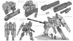 2boys aiming ammunition_pouch armor arrow_(symbol) assault_rifle commentary concept_art dual_wielding dynamic_pose english_commentary english_text extra_arms faceless faceless_male fusion gun gundam helmet highres holding holding_gun holding_weapon howitzer knee_pads magazine_(weapon) mecha mecha_focus military_combat_uniform military_uniform missile missile_pod monochrome multiple_boys muzzle_device open_hand original pouch redesign reference_sheet reloading rifle robot rock shield shoulder_armor sketch sniper_rifle soldier submachine_gun weapon white_background zen_(jirakun)