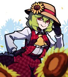 1girl ascot black_gloves closed_mouth crossed_bangs field flower flower_field gloves green_hair hair_between_eyes hat hat_flower hat_ribbon iganashi1 kazami_yuuka long_sleeves looking_at_viewer one-hour_drawing_challenge outdoors plaid_clothes plaid_vest red_eyes red_ribbon red_vest ribbon shirt short_hair smile sunflower sunflower_field touhou vest white_background white_shirt yellow_ascot