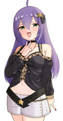 1girl ahoge animal_print belt black_belt black_shirt blush bow breasts chain choda collarbone commentary cowboy_shot green_eyes hair_between_eyes hair_bow hair_ornament half-closed_eyes hand_up highres idolmaster idolmaster_million_live! idolmaster_million_live!_theater_days jewelry leopard_print long_hair long_sleeves looking_at_viewer midriff mochizuki_anna nail_polish navel necklace o-ring_collar onitsuyo_mind_(idolmaster) open_mouth pink_nails purple_hair shirt shorts simple_background smile solo standing star_(symbol) star_hair_ornament v white_background white_shorts