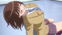1girl animated animated_gif black_socks blue_necktie blush bouncing_breasts breasts brown_hair brown_jacket closed_eyes collared_shirt diagonal-striped_clothes diagonal-striped_necktie feet_out_of_frame indoors jacket kneehighs large_breasts long_sleeves medium_hair necktie on_chair open_mouth plaid_clothes plaid_skirt pleated_skirt saki_(manga) school_uniform shiraitodai_school_uniform shirt sitting skirt socks solo striped_clothes tile_floor tiles u_u unozawa_shiori white_shirt