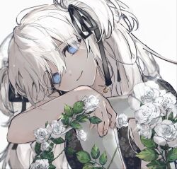 Rule 34 | 1girl, black dress, black ribbon, blue eyes, dress, flower, highres, looking at viewer, mabinogi, nao (mabinogi), no pupils, ribbon, simple background, smdxor, smile, solo, twintails, twitter username, white background, white flower, white hair