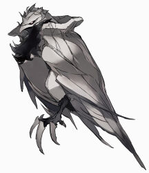 absurdres alternate_color armor black_fur black_sclera colored_sclera corviknight from_side full_body gen_8_pokemon highres keroreud metal_skin multicolored_eyes neck_fur nintendo no_humans pokemon pokemon_(creature) pokemon_focus shiny_pokemon simple_background sketch talons white_background